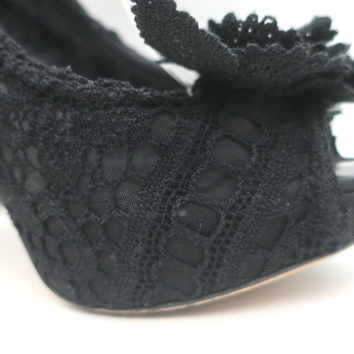 Dolce &amp; Gabbana Rose Crochet Lace Platform Pumps Black Size 40 Open Toe Heels