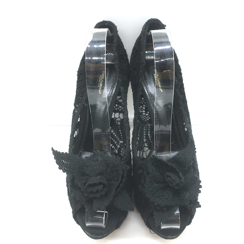 Dolce &amp; Gabbana Rose Crochet Lace Platform Pumps Black Size 40 Open Toe Heels