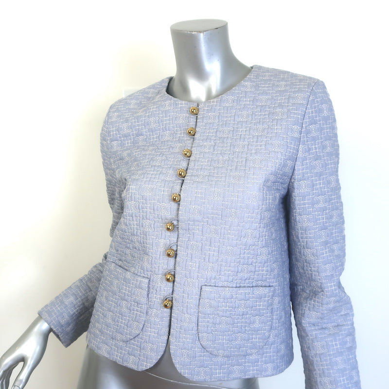 Celine Triomphe Quilted Chelsea Boutis Jacket Light Blue Cotton Size 36