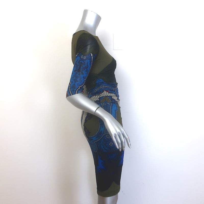 Etro Draped Printed Stretch Jersey Mini Dress Olive/Blue Size 40