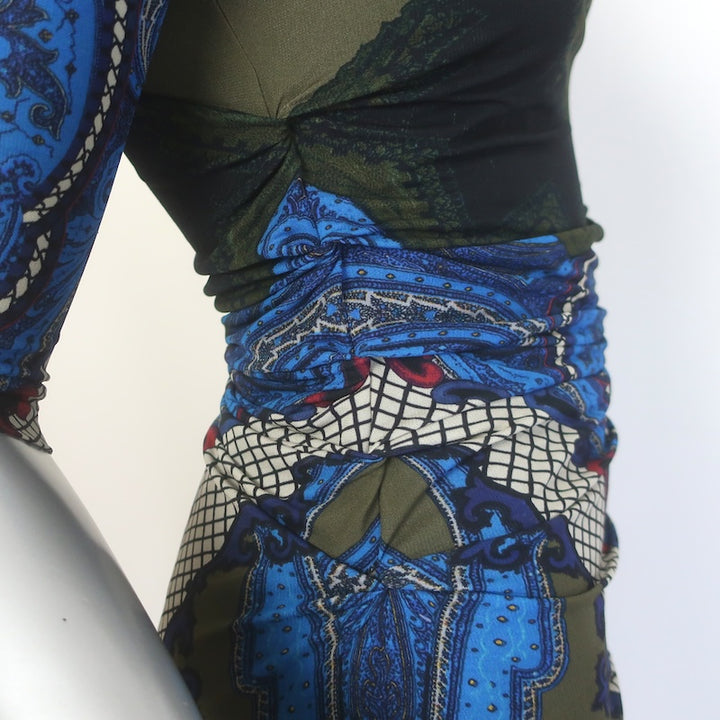 Etro Draped Printed Stretch Jersey Mini Dress Olive/Blue Size 40