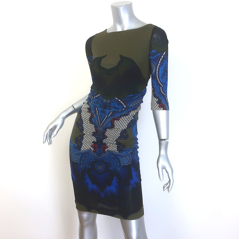 Etro Draped Printed Stretch Jersey Mini Dress Olive/Blue Size 40