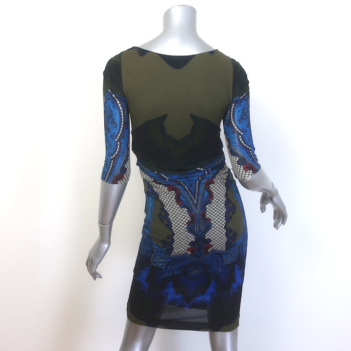 Etro Draped Printed Stretch Jersey Mini Dress Olive/Blue Size 40