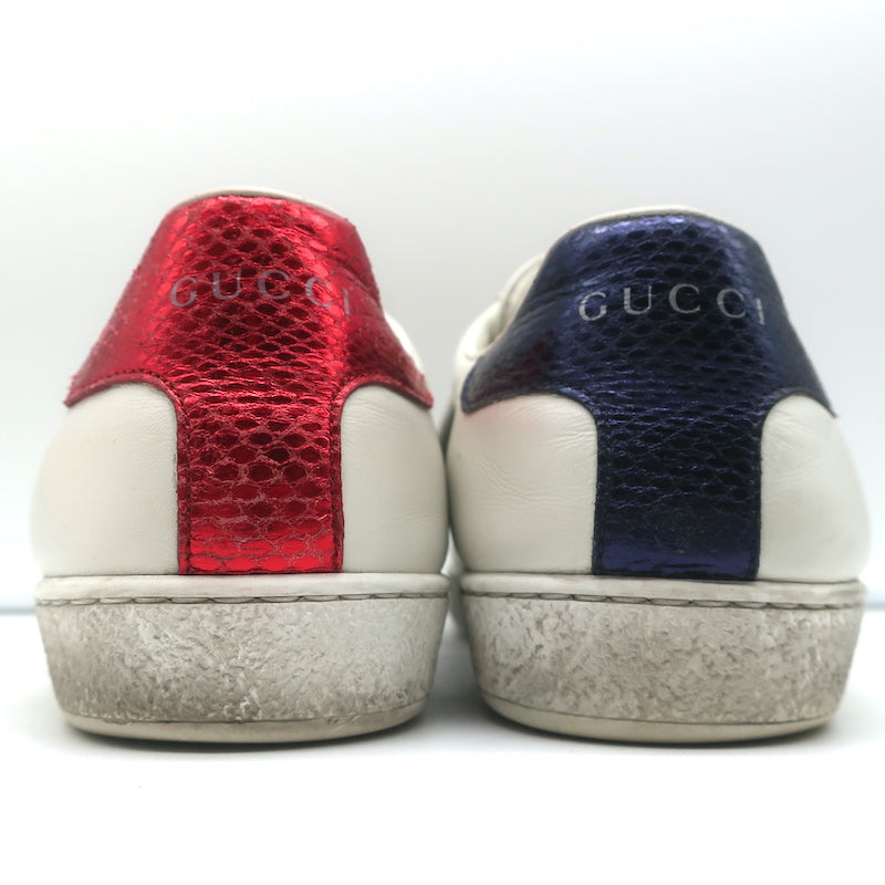 MENS GUCCI ACE LEATHER SNEAKERS TIGER ON BACK NAVY RED GENTLY USED