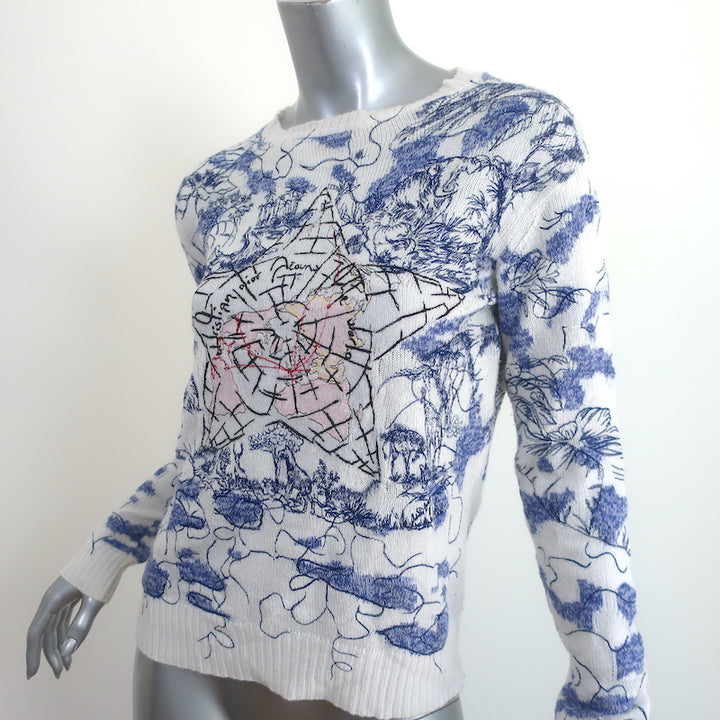 Christian Dior Around the World Embroidered Cashmere Sweater White/Blue Size 36