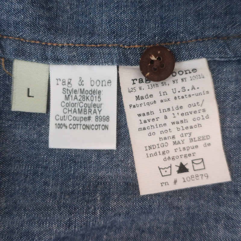 Rag &amp; Bone Chambray Denim Button Down Shirt Blue Cotton Size Large