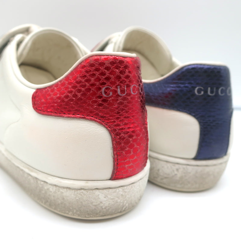 MENS GUCCI ACE LEATHER SNEAKERS TIGER ON BACK NAVY RED GENTLY USED