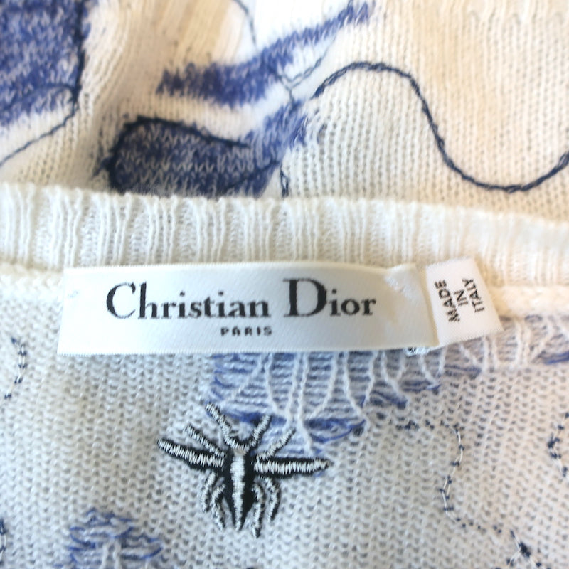 Christian Dior Around the World Embroidered Cashmere Sweater White/Blue Size 36