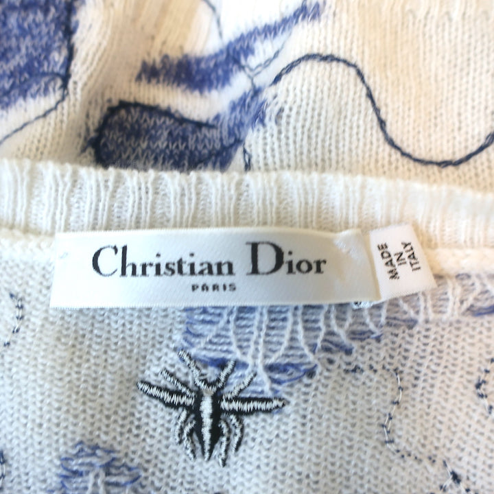 Christian Dior Around the World Embroidered Cashmere Sweater White/Blue Size 36