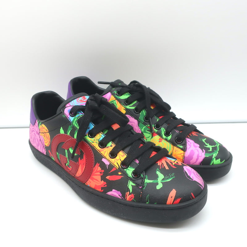 Gucci Ken Ace Sneakers Black Floral Print Leather Size 38 – Owned