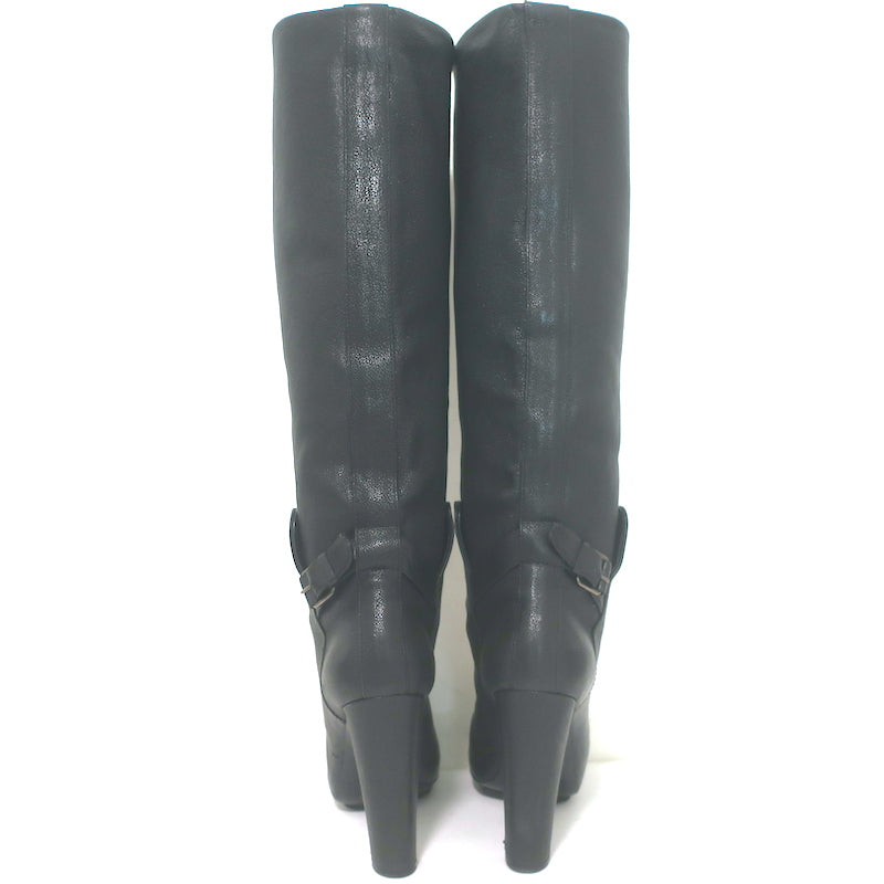 Balenciaga Buckle-Detail Knee High Platform Boots Black Pebbled Leather Size 38