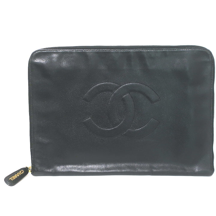 Chanel 90s Timeless CC Zip-Around Portfolio Document Holder Black Caviar Leather