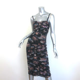 L'Agence Caprice Ruched Midi Dress Black Floral Print Stretch Mesh Size 0 NEW