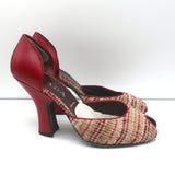 Prada d'Orsay Pumps Beige Tweed & Red Leather Size 38.5 Peep Toe Heels