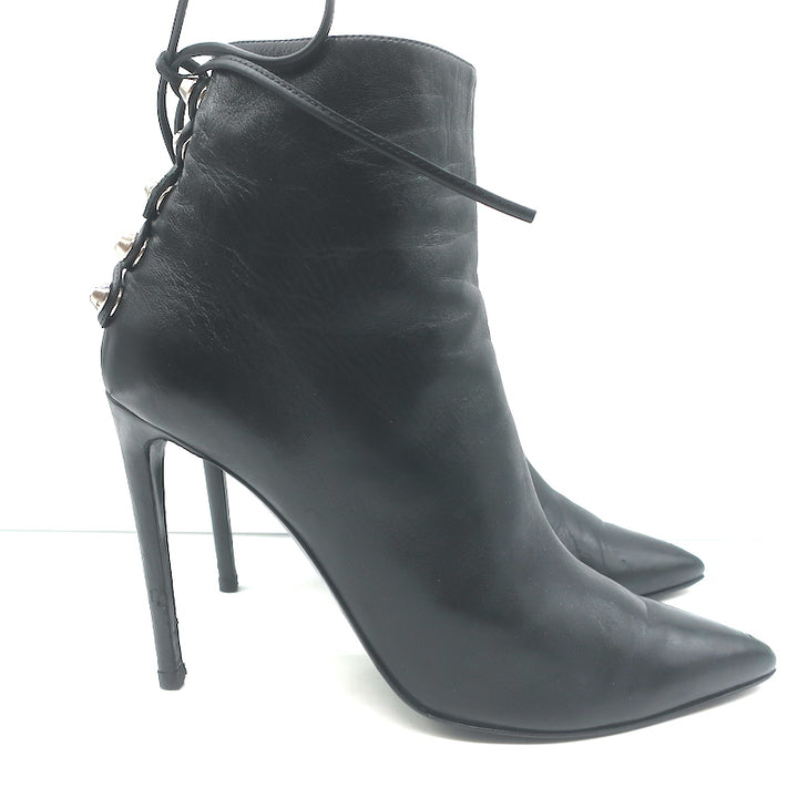 Balenciaga Giant Stud Lace-Up Back Ankle Boots Black Leather Size 40