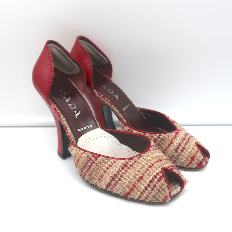 Prada D'Orsay Pumps Beige Tweed & Red Leather Size 38.5 Peep Toe Heels