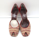 Prada d'Orsay Pumps Beige Tweed & Red Leather Size 38.5 Peep Toe Heels