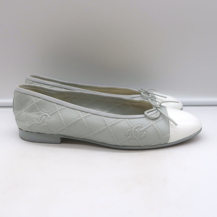 Chanel 23S Double Stitched CC Cap Toe Ballet Flats Light Gray Lambskin Size 37.5