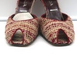 Prada d'Orsay Pumps Beige Tweed & Red Leather Size 38.5 Peep Toe Heels