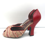 Prada d'Orsay Pumps Beige Tweed & Red Leather Size 38.5 Peep Toe Heels