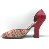 Prada d'Orsay Pumps Beige Tweed & Red Leather Size 38.5 Peep Toe Heels