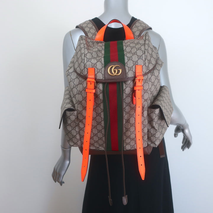 Gucci Ophidia GG Supreme Double Buckle Backpack Monogram Canvas &amp; Orange Neon