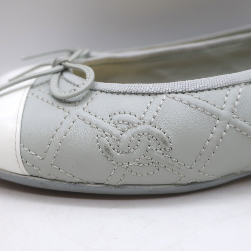 Chanel 23S Double Stitched CC Cap Toe Ballet Flats Light Gray Lambskin Size 37.5