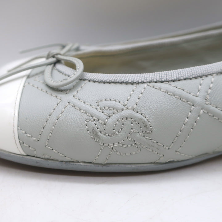 Chanel 23S Double Stitched CC Cap Toe Ballet Flats Light Gray Lambskin Size 37.5