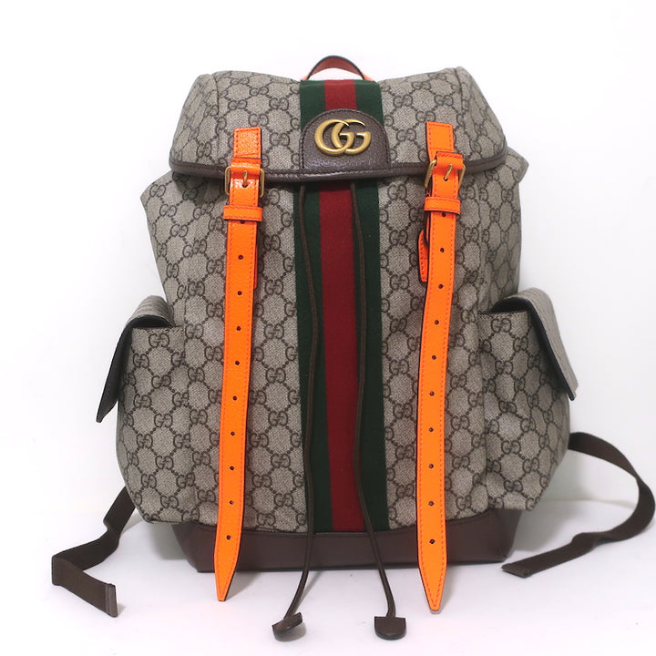 Gucci Ophidia GG Supreme Double Buckle Backpack Monogram Canvas &amp; Orange Neon