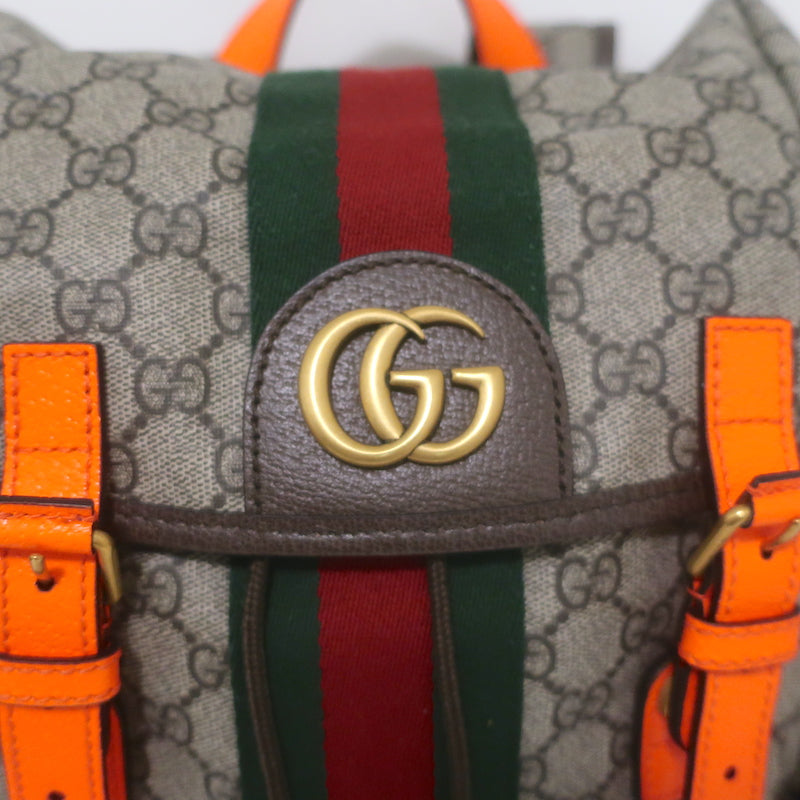 Gucci Ophidia GG Supreme Double Buckle Backpack Monogram Canvas &amp; Orange Neon