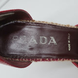 Prada d'Orsay Pumps Beige Tweed & Red Leather Size 38.5 Peep Toe Heels