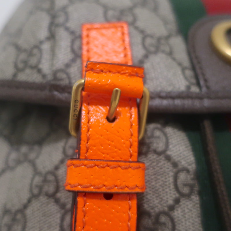 Gucci Ophidia GG Supreme Double Buckle Backpack Monogram Canvas &amp; Orange Neon