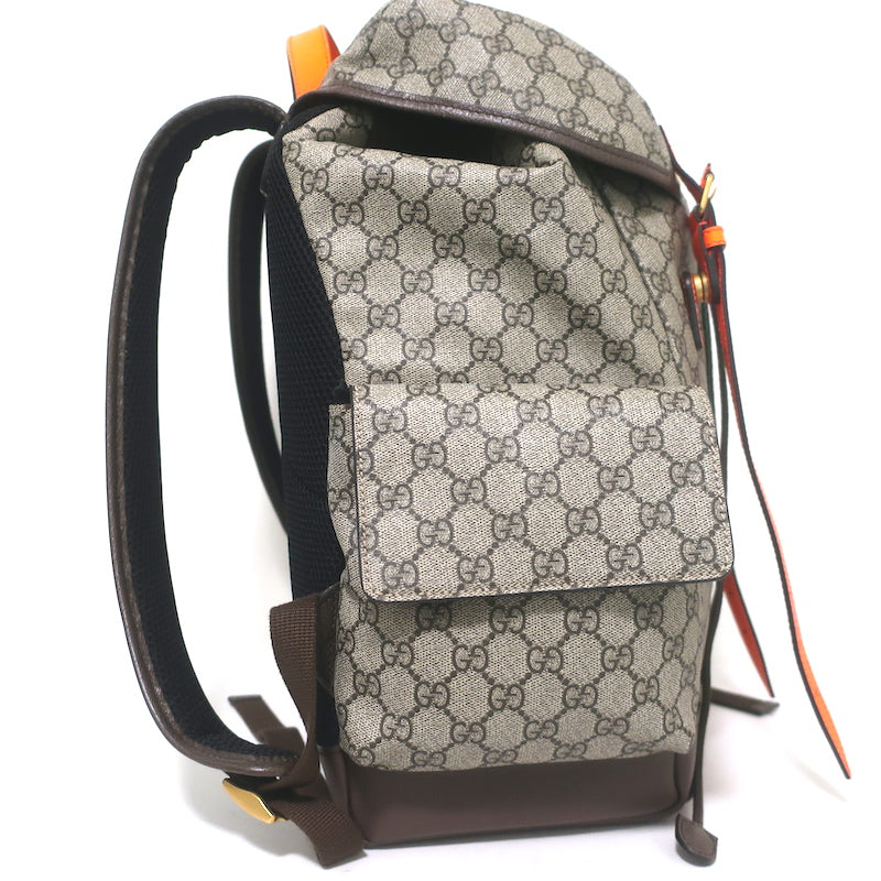 Gucci Ophidia GG Supreme Double Buckle Backpack Monogram Canvas &amp; Orange Neon