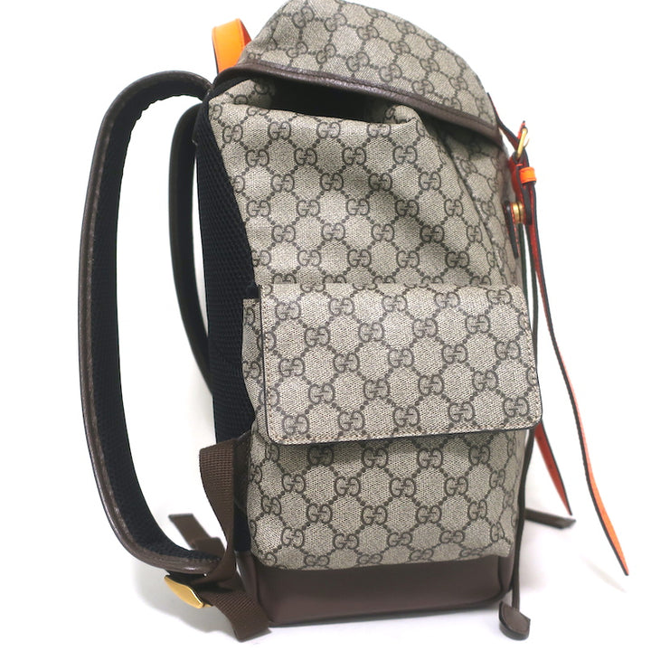 Gucci Ophidia GG Supreme Double Buckle Backpack Monogram Canvas &amp; Orange Neon