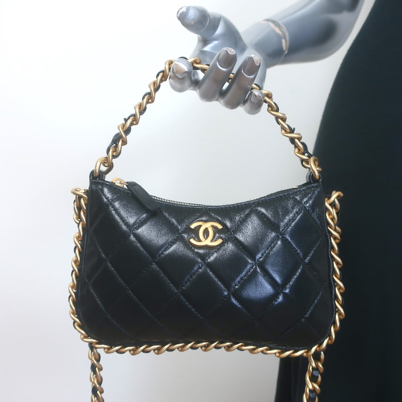 Chanel Chain-Around Quilted Mini Hobo Bag Black Lambskin Crossbody