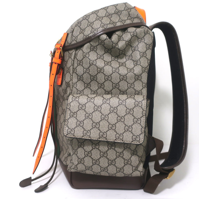 Gucci Ophidia GG Supreme Double Buckle Backpack Monogram Canvas &amp; Orange Neon