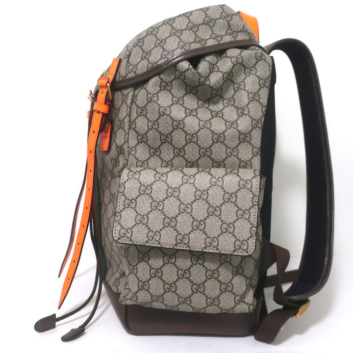 Gucci Ophidia GG Supreme Double Buckle Backpack Monogram Canvas &amp; Orange Neon