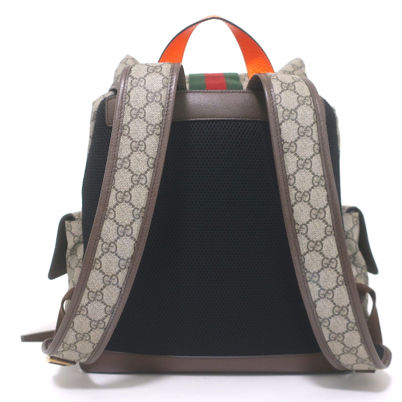 Gucci Ophidia GG Supreme Double Buckle Backpack Monogram Canvas &amp; Orange Neon