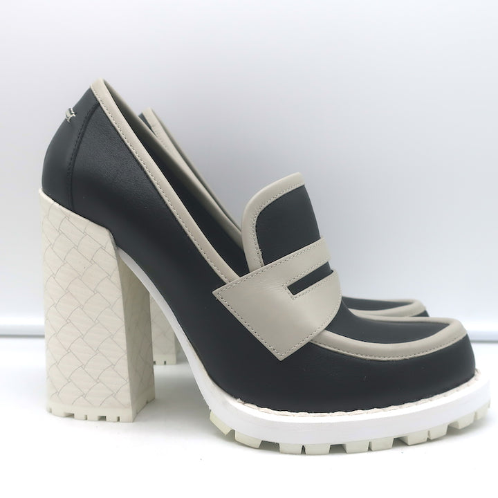 Bottega Veneta Platform Penny Loafer Pumps Black &amp; Gray Leather Size 38