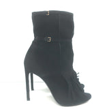 Gucci Becky Fringe Ankle Boots Black Suede Size 40.5 Open Toe Heels