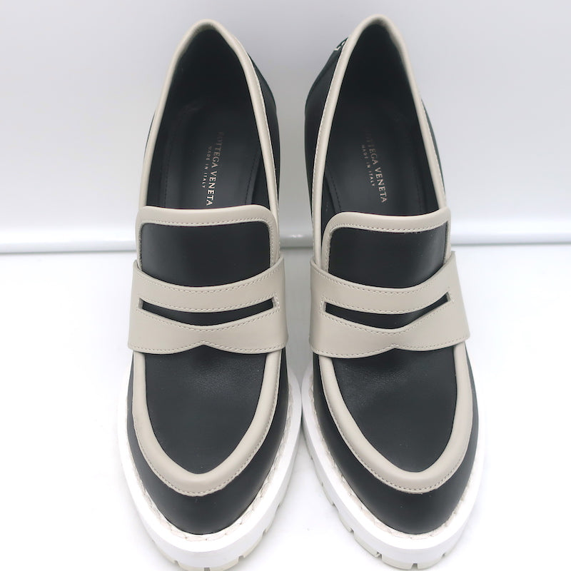 Bottega Veneta Platform Penny Loafer Pumps Black &amp; Gray Leather Size 38