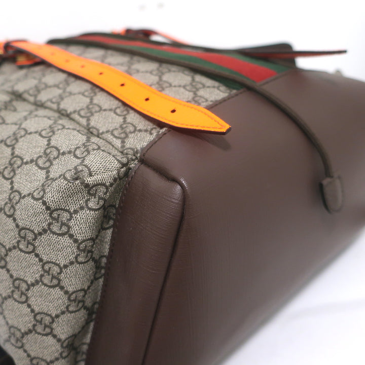 Gucci Ophidia GG Supreme Double Buckle Backpack Monogram Canvas &amp; Orange Neon
