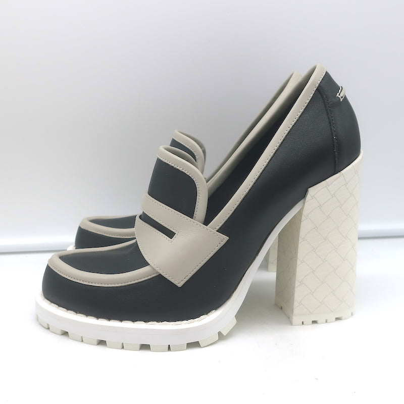 Bottega Veneta Platform Penny Loafer Pumps Black &amp; Gray Leather Size 38