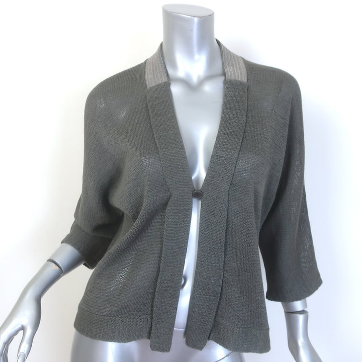 Brunello Cucinelli Monili-Collar Single Button Cardigan Gray Cotton Knit Size Small