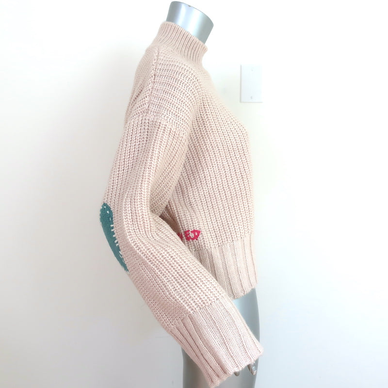 Kerri Rosenthal Heart Patch Sweater Beige Wool-Blend Ribbed Knit Size Small