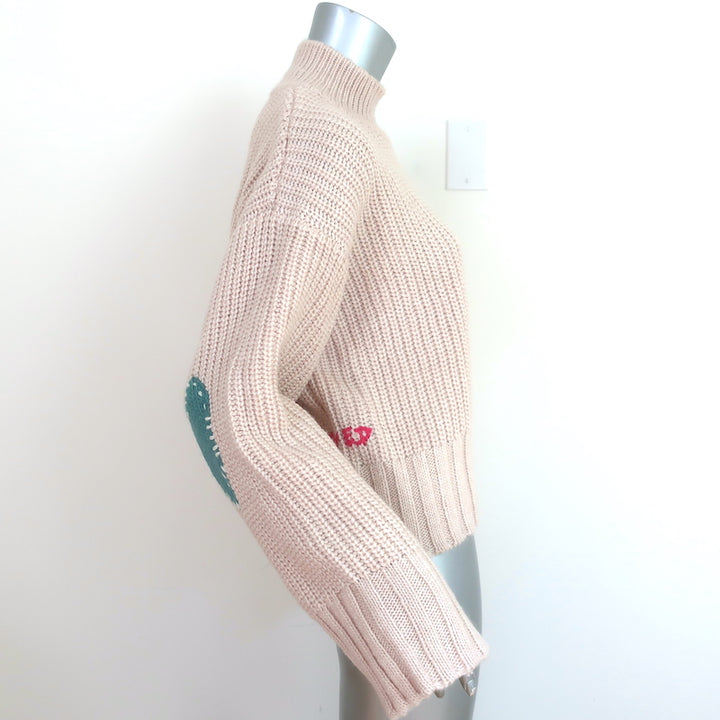 Kerri Rosenthal Heart Patch Sweater Beige Wool-Blend Ribbed Knit Size Small