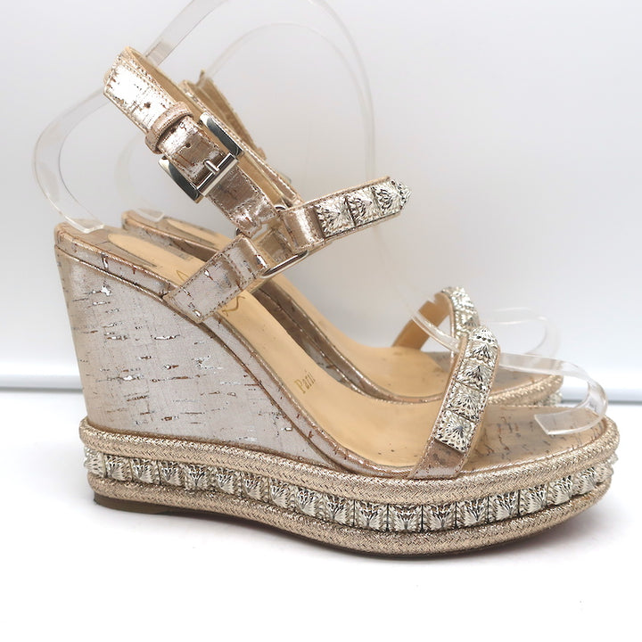 Christian Louboutin Pyradiams 110 Studded Cork Wedge Sandals Silver Size 37
