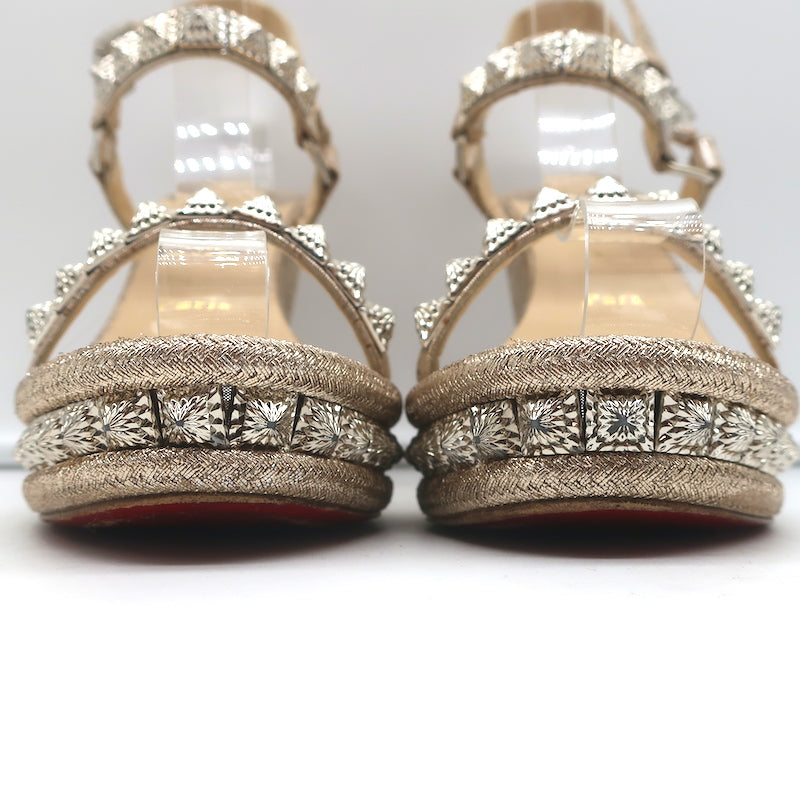 Christian Louboutin Pyradiams 110 Studded Cork Wedge Sandals Silver Size 37