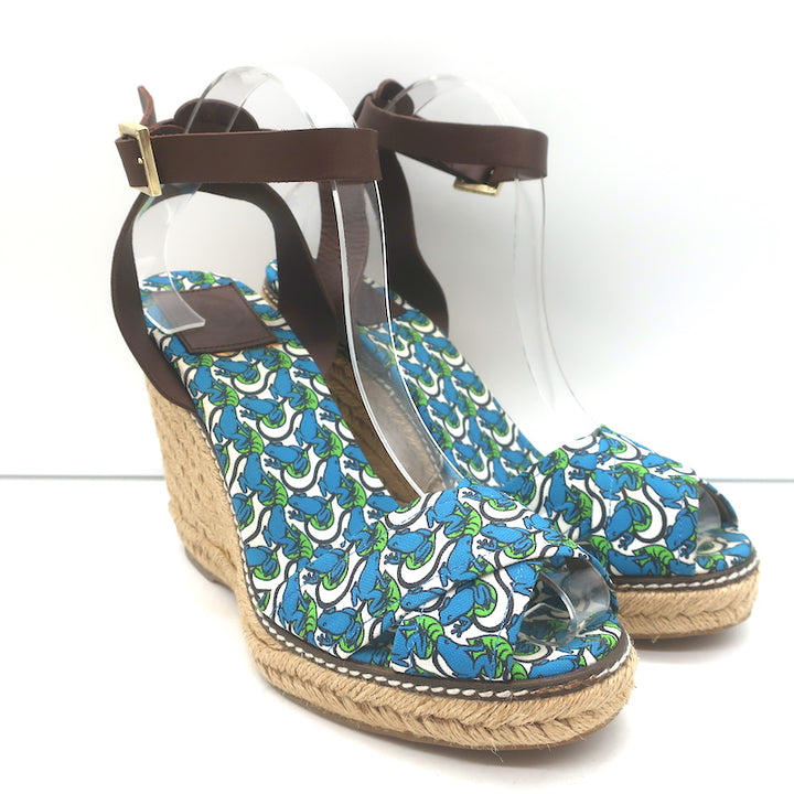 Tory Burch Frog Print Canvas Platform Espadrille Wedge Sandals Size 10