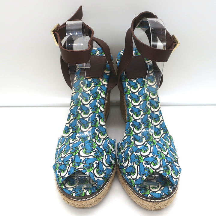 Tory Burch Frog Print Canvas Platform Espadrille Wedge Sandals Size 10
